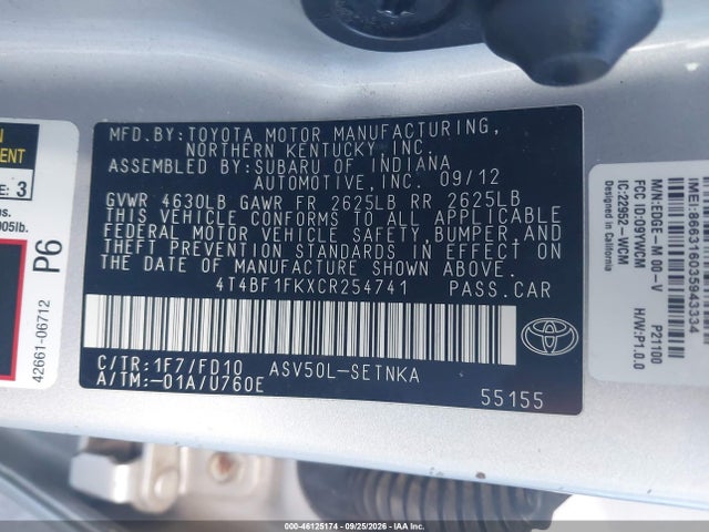 Продаж на аукціоні авто 2012 Toyota Camry Le, vin: 4T4BF1FKXCR254741, номер лоту: 46125174