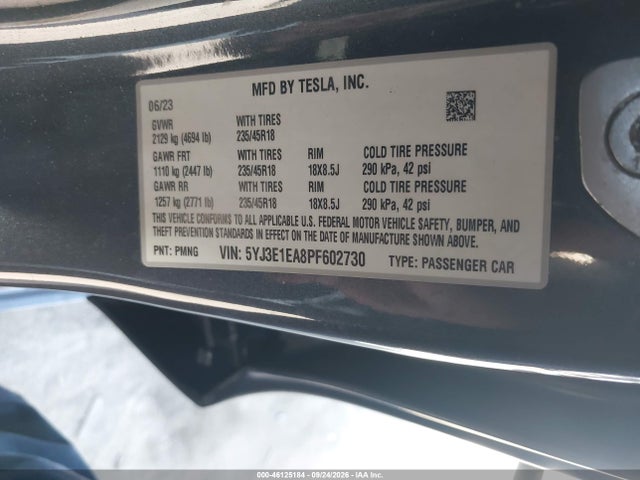 46125184 :رقم المزاد ، 5YJ3E1EA8PF602730 vin ، 2023 Tesla Model 3 Rear-wheel Drive مزاد بيع
