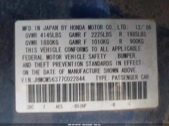 Aukcja sprzedaży 2007 Honda Accord 2.4 Se, vin: JHMCM56377C022844, numer aukcji: 46125189