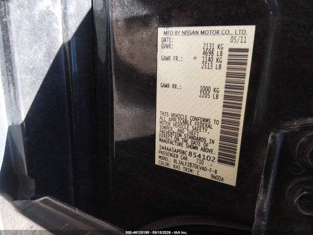 2011 Nissan Maxima 3.5 Sv მანქანა იყიდება აუქციონზე, vin: 1N4AA5AP0BC854102, აუქციონის ნომერი: 46125190