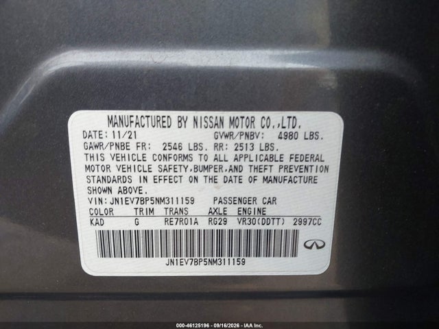 Продаж на аукціоні авто 2022 Infiniti Q50 Luxe, vin: JN1EV7BP5NM311159, номер лоту: 46125196