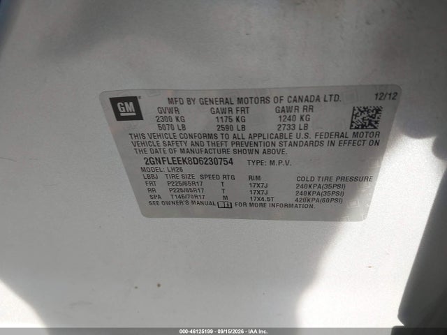 Aukcja sprzedaży 2013 Chevrolet Equinox 1lt, vin: 2GNFLEEK8D6230754, numer aukcji: 46125199