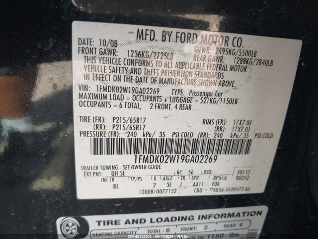 46125204 :رقم المزاد ، 1FMDK02W19GA02269 vin ، 2009 Ford Taurus X Sel مزاد بيع