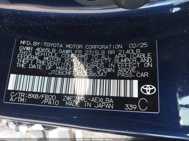 46125218 :رقم المزاد ، JTDBCMFEXS3086347 vin ، 2025 Toyota Corolla Hybrid Le مزاد بيع