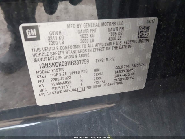 Aukcja sprzedaży 2017 Chevrolet Tahoe Premier, vin: 1GNSKCKC9HR337759, numer aukcji: 46125224