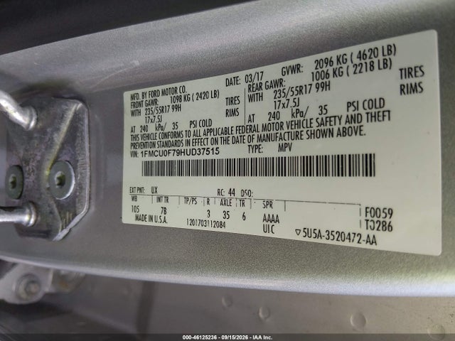 46125236 :رقم المزاد ، 1FMCU0F79HUD37515 vin ، 2017 Ford Escape S مزاد بيع