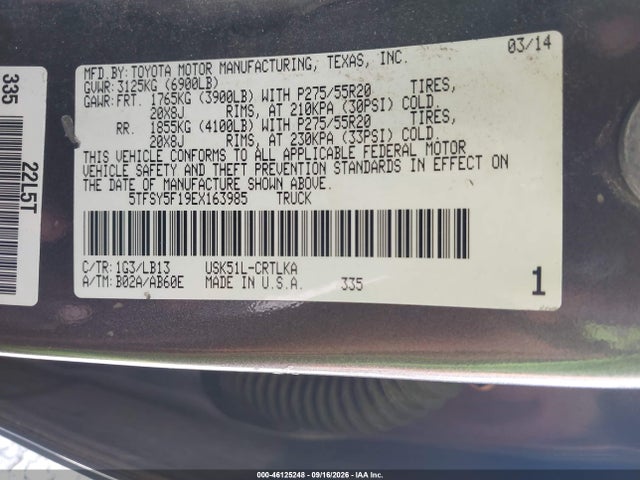 Продаж на аукціоні авто 2014 Toyota Tundra Limited 5.7l V8, vin: 5TFSY5F19EX163985, номер лоту: 46125248