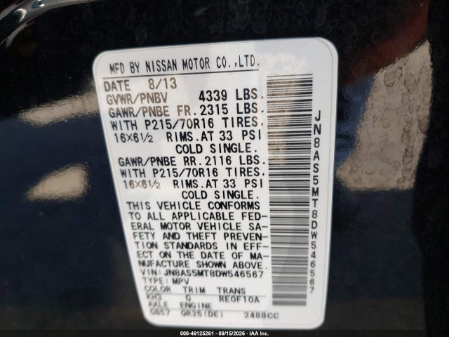 46125261 :رقم المزاد ، JN8AS5MT8DW546567 vin ، 2013 Nissan Rogue S مزاد بيع