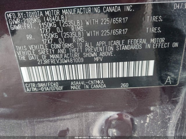 Aukcja sprzedaży 2016 Toyota Rav4 Xle, vin: 2T3RFREV3GW481009, numer aukcji: 46125272