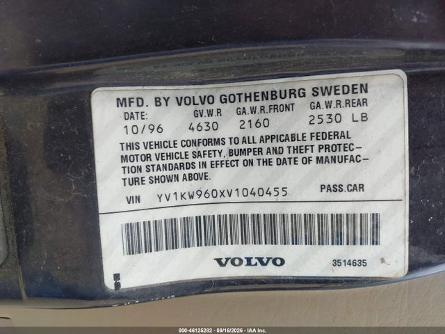 Aukcja sprzedaży 1997 Volvo 960, vin: YV1KW960XV1040455, numer aukcji: 46125282