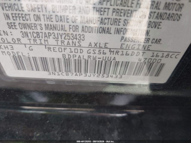 Aukcja sprzedaży 2018 Nissan Sentra Sr Turbo, vin: 3N1CB7AP3JY253433, numer aukcji: 46125283