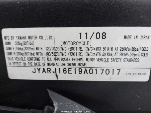Продаж на аукціоні авто 2009 Yamaha Yzfr6, vin: JYARJ16E19A017017, номер лоту: 46125290