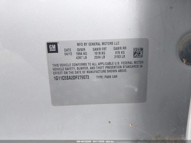 46125306 :رقم المزاد ، 1G11C5SA2DF279073 vin ، 2013 Chevrolet Malibu 1lt مزاد بيع