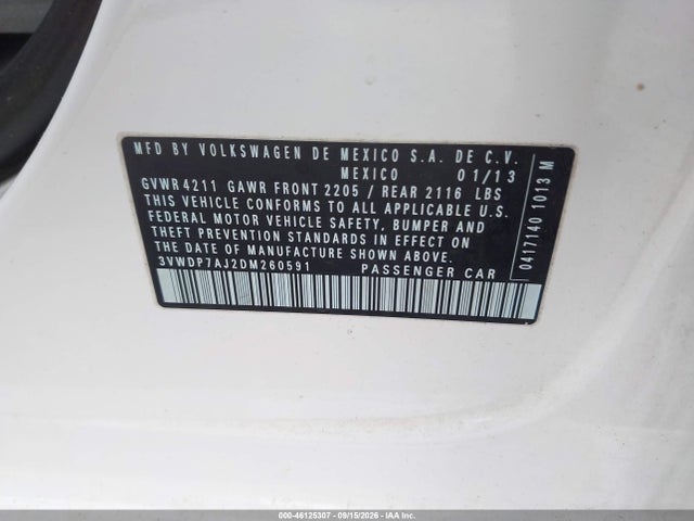 2013 Volkswagen Jetta 2.5l Se მანქანა იყიდება აუქციონზე, vin: 3VWDP7AJ2DM260591, აუქციონის ნომერი: 46125307
