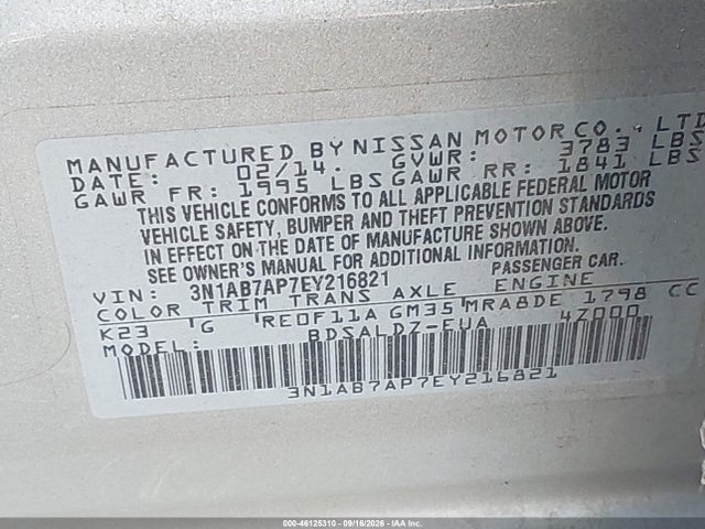 Aukcja sprzedaży 2014 Nissan Sentra Fe+ S/fe+ Sv/s/sl/sr/sv, vin: 3N1AB7AP7EY216821, numer aukcji: 46125310