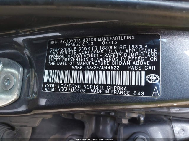 Aukcja sprzedaży 2015 Toyota Yaris L, vin: VNKKTUD32FA044622, numer aukcji: 46125321