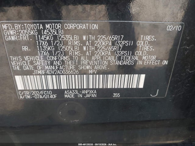 46125335 :رقم المزاد ، JTMBF4DV2AD036626 vin ، 2010 Toyota Rav4 مزاد بيع