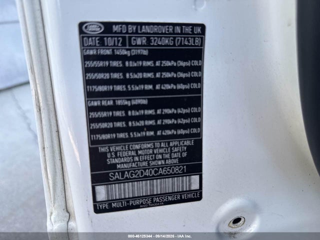 Aukcja sprzedaży 2012 Land Rover Lr4, vin: SALAG2D40CA650821, numer aukcji: 46125344