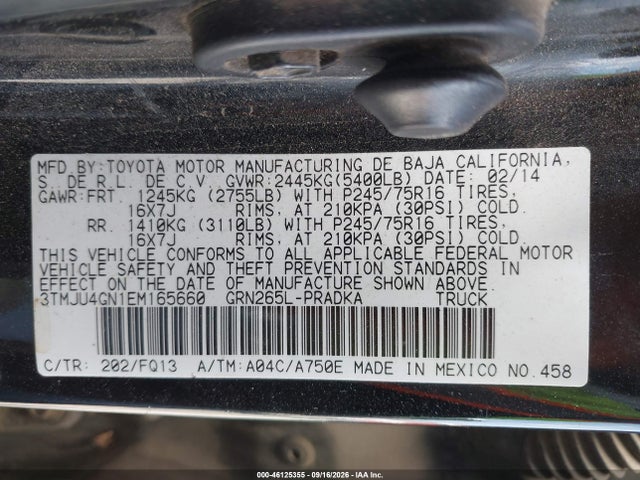 46125355 :رقم المزاد ، 3TMJU4GN1EM165660 vin ، 2014 Toyota Tacoma Prerunner V6 مزاد بيع