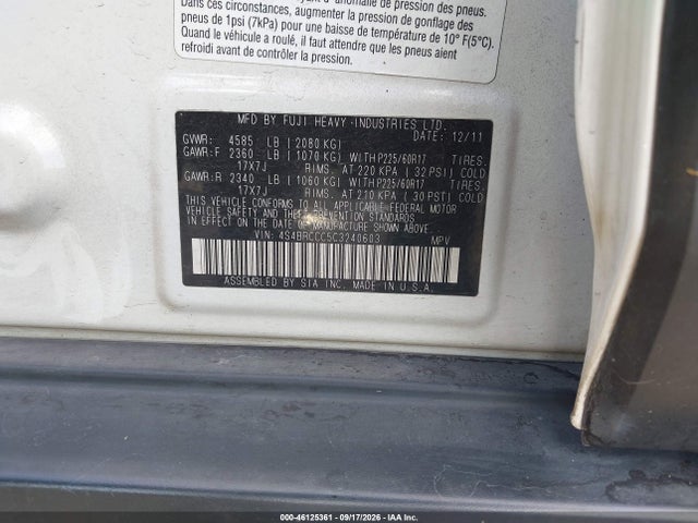 Продаж на аукціоні авто 2012 Subaru Outback 2.5i Premium, vin: 4S4BRCCC5C3240603, номер лоту: 46125361