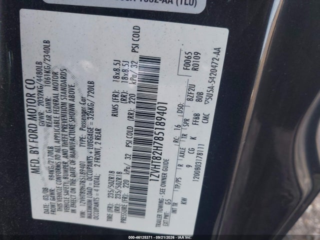 Aukcja sprzedaży 2008 Ford Mustang Gt Deluxe/gt Premium, vin: 1ZVHT82H785189401, numer aukcji: 46125371