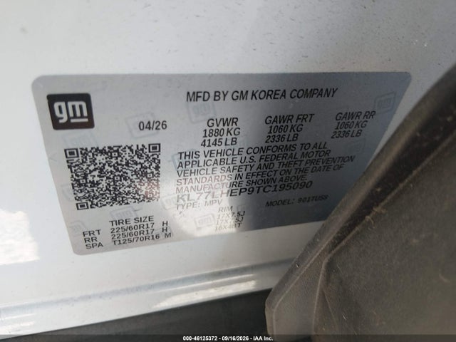 Продажа на аукционе авто 2026 Chevrolet Trax Fwd Lt, vin: KL77LHEP9TC195090, номер лота: 46125372