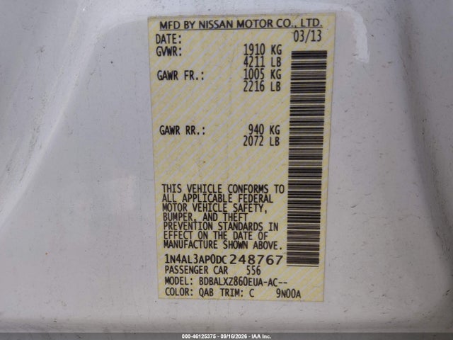 2013 Nissan Altima 2.5 Sl მანქანა იყიდება აუქციონზე, vin: 1N4AL3AP0DC248767, აუქციონის ნომერი: 46125375