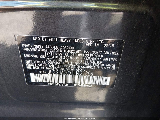 Продаж на аукціоні авто 2017 Subaru Forester 2.5i Premium, vin: JF2SJAGCXHH421296, номер лоту: 46125384