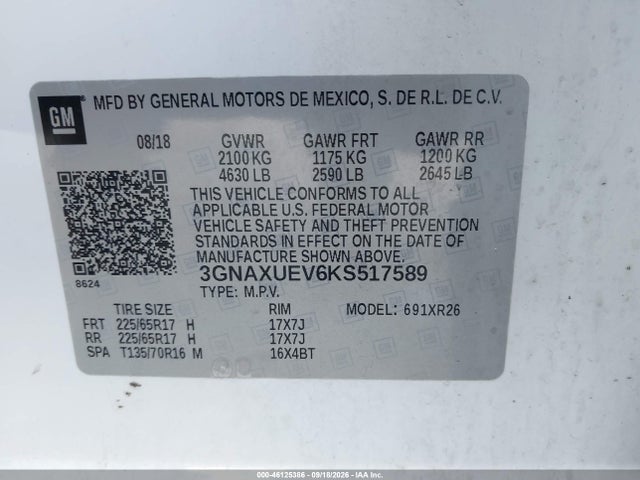 46125386 :رقم المزاد ، 3GNAXUEV6KS517589 vin ، 2019 Chevrolet Equinox Lt مزاد بيع