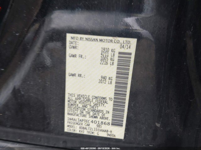 2014 Nissan Altima 2.5 Sv მანქანა იყიდება აუქციონზე, vin: 1N4AL3AP3EC401868, აუქციონის ნომერი: 46125398