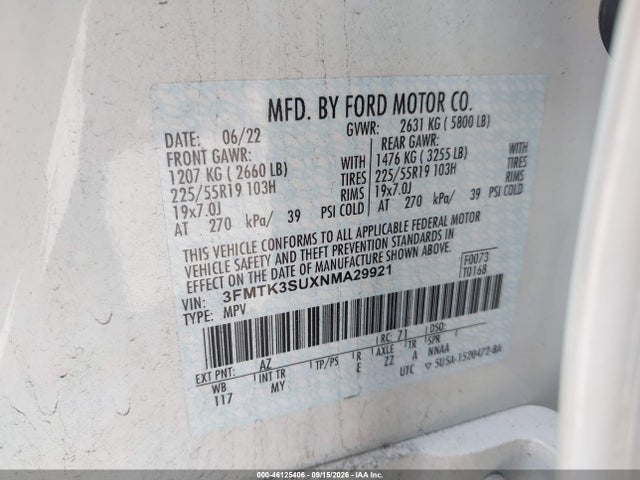 2022 Ford Mustang Mach-e Premium მანქანა იყიდება აუქციონზე, vin: 3FMTK3SUXNMA29921, აუქციონის ნომერი: 46125406