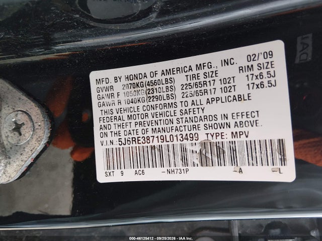 2009 Honda Cr-v Ex-l მანქანა იყიდება აუქციონზე, vin: 5J6RE38719L013499, აუქციონის ნომერი: 46125412