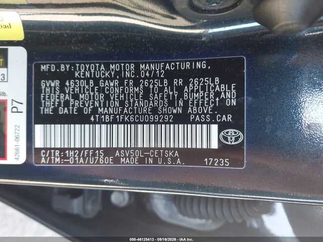 46125413 :رقم المزاد ، 4T1BF1FK6CU099292 vin ، 2012 Toyota Camry Se مزاد بيع