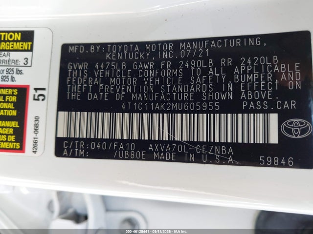 Aukcja sprzedaży 2021 Toyota Camry Le, vin: 4T1C11AK2MU605955, numer aukcji: 46125441