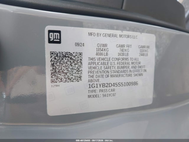 2025 Chevrolet Corvette Stingray Rwd  2lt მანქანა იყიდება აუქციონზე, vin: 1G1YB2D45S5100986, აუქციონის ნომერი: 46125455