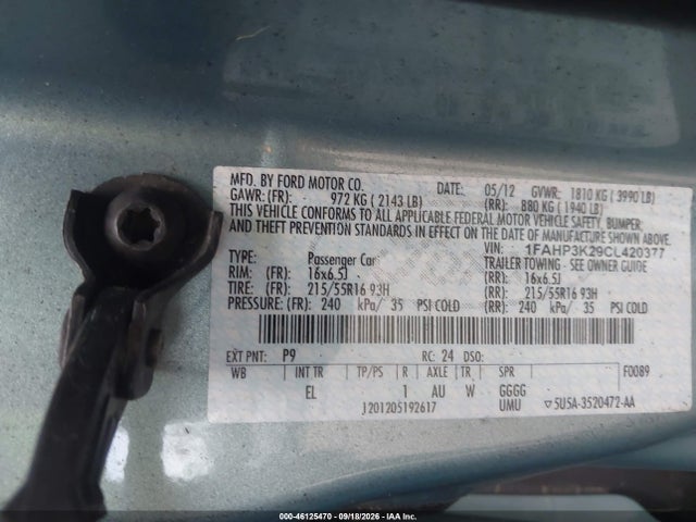 Продажа на аукционе авто 2012 Ford Focus Se, vin: 1FAHP3K29CL420377, номер лота: 46125470