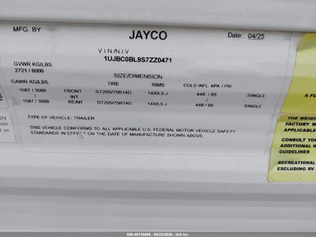 Aukcja sprzedaży 2025 Jayco Jay Flight Slx, vin: 1UJBC0BL9S7ZZ0471, numer aukcji: 46125486
