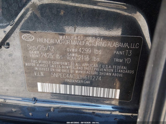 2013 Hyundai Sonata Limited მანქანა იყიდება აუქციონზე, vin: 5NPEC4AC3DH611274, აუქციონის ნომერი: 46125543