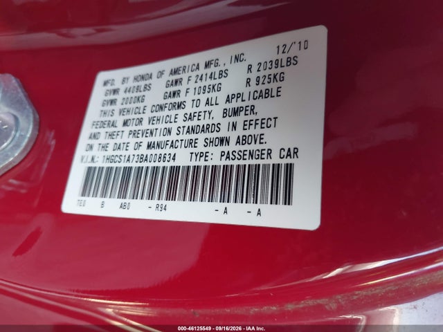 2011 Honda Accord 2.4 Ex მანქანა იყიდება აუქციონზე, vin: 1HGCS1A73BA008634, აუქციონის ნომერი: 46125549