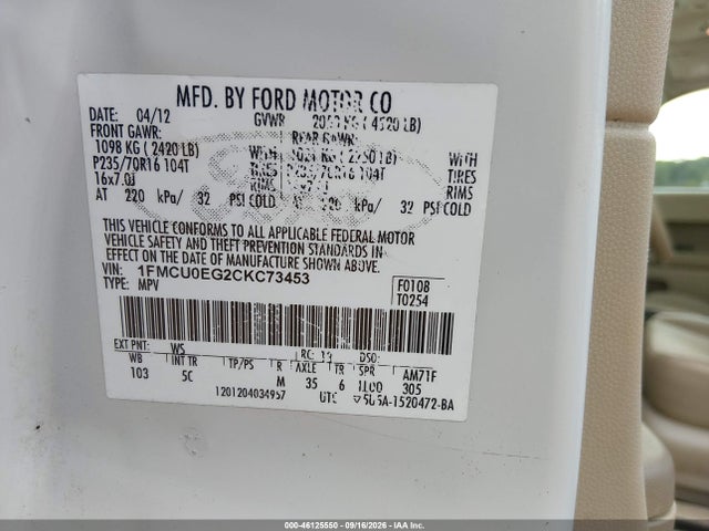 Продажа на аукционе авто 2012 Ford Escape Limited, vin: 1FMCU0EG2CKC73453, номер лота: 46125550