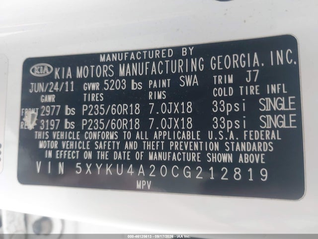 Aukcja sprzedaży 2012 Kia Sorento Ex V6, vin: 5XYKU4A20CG212819, numer aukcji: 46125613