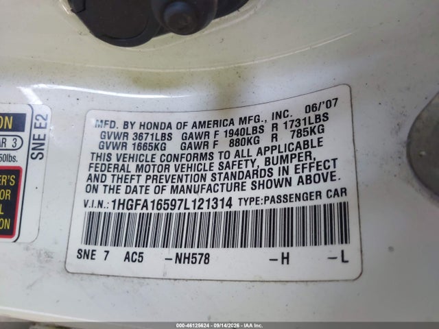 Aukcja sprzedaży 2007 Honda Civic Lx, vin: 1HGFA16597L121314, numer aukcji: 46125624