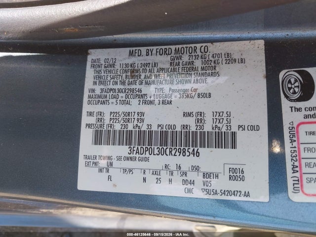 46125646 :رقم المزاد ، 3FADP0L30CR298546 vin ، 2012 Ford Fusion Hybrid مزاد بيع