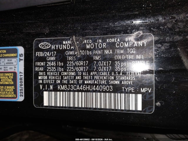 Продажа на аукционе авто 2017 Hyundai Tucson Se, vin: KM8J3CA46HU440903, номер лота: 46125652