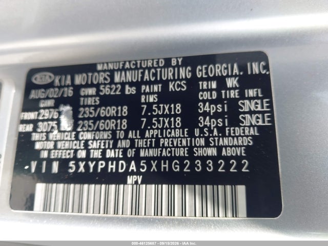2017 Kia Sorento 3.3l Ex მანქანა იყიდება აუქციონზე, vin: 5XYPHDA5XHG233222, აუქციონის ნომერი: 46125687