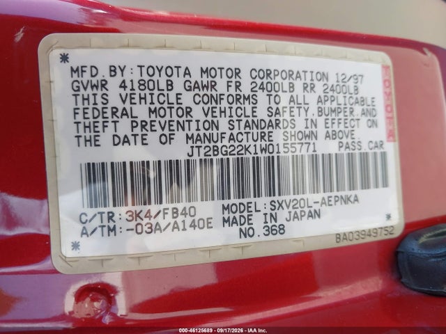 Продажа на аукционе авто 1998 Toyota Camry Le, vin: JT2BG22K1W0155771, номер лота: 46125689