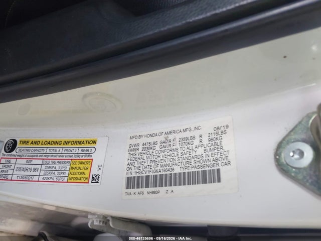 Продаж на аукціоні авто 2019 Honda Accord Sport, vin: 1HGCV1F33KA166436, номер лоту: 46125696