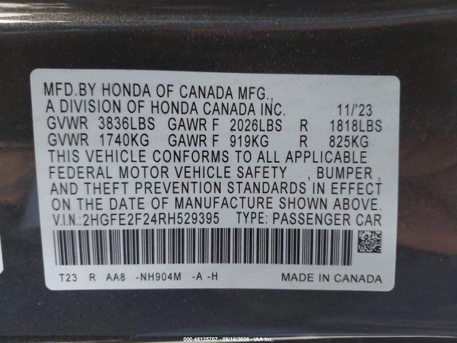 Продаж на аукціоні авто 2024 Honda Civic Lx, vin: 2HGFE2F24RH529395, номер лоту: 46125707