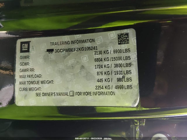 46125711 :رقم المزاد ، 3GCPWBEF2KG105241 vin ، 2019 Chevrolet Silverado 1500 Custom مزاد بيع