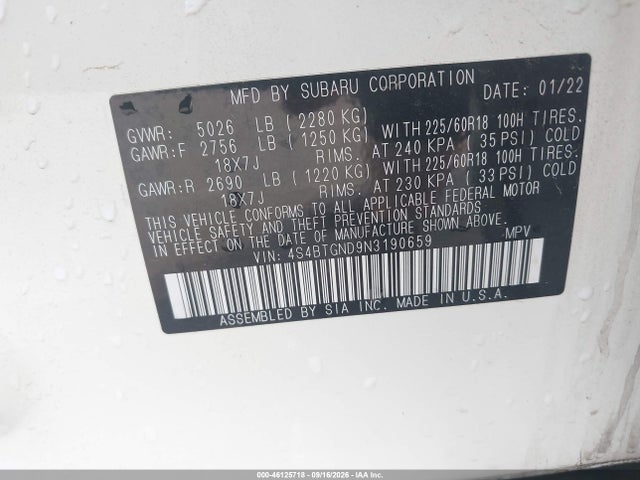 Auction sale of the 2022 Subaru Outback Limited Xt, vin: 4S4BTGND9N3190659, lot number: 46125718